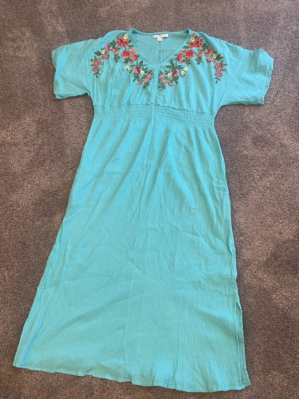 Dreams & Co Aqua Embroidered Floral Cotton Boho Midi Maxi Dress L 18/20 - Picture 3 of 8